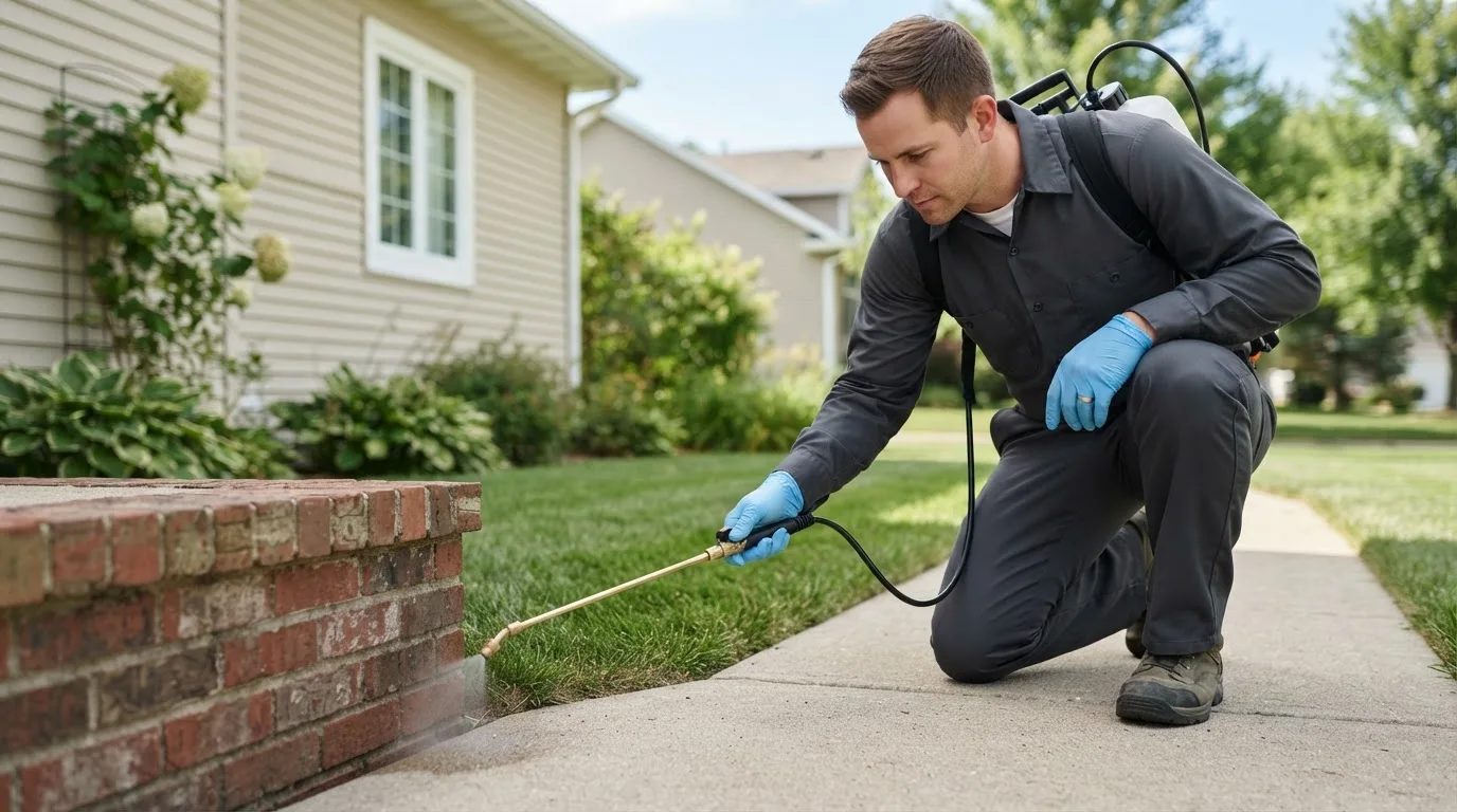 Pest control technician treating a home near Oklee, MN