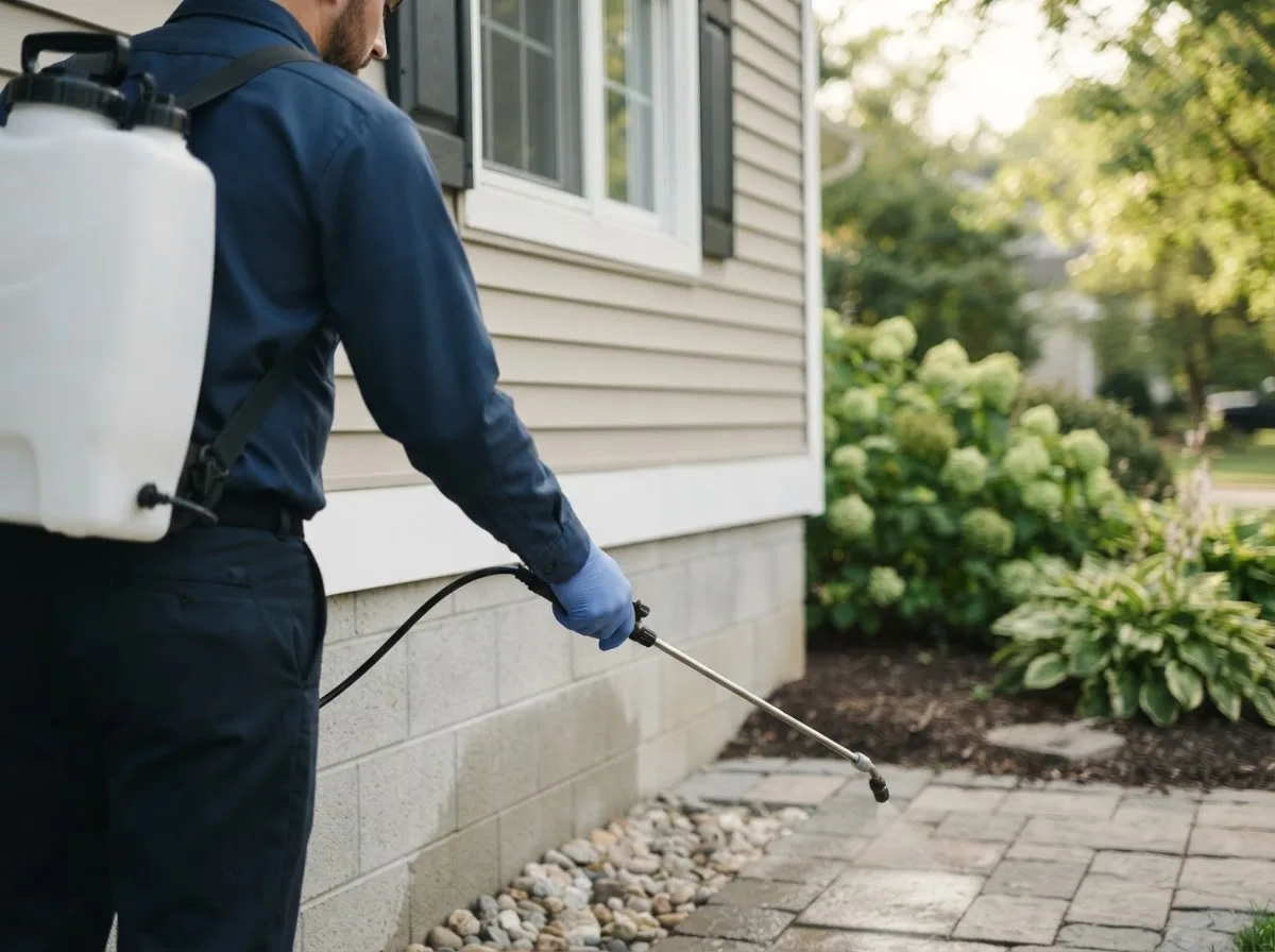 Pest control technician inspecting a home in Oklee, MN